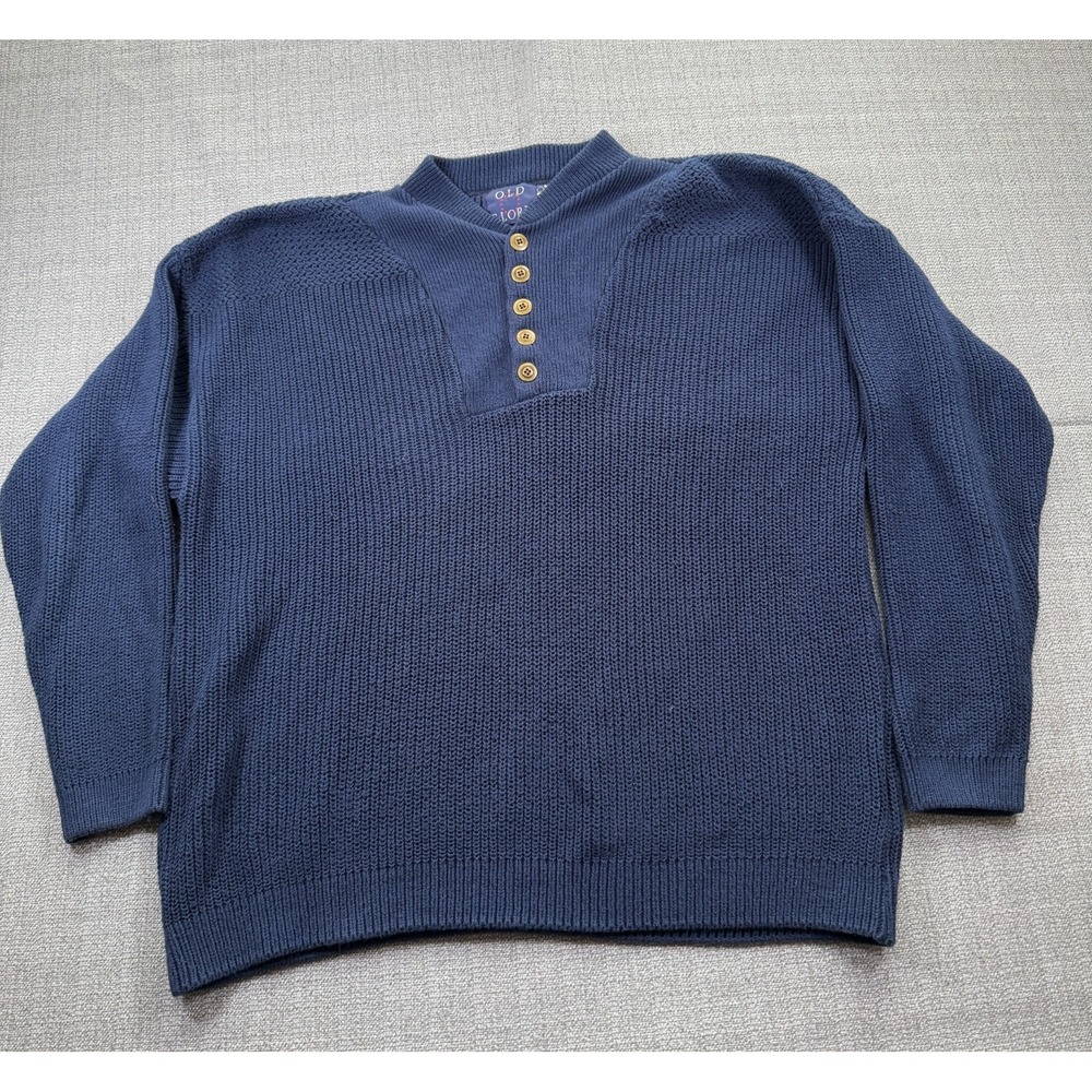 Vintage Old Glory Sweater Mens‎ Large Blue Cotton Chunky Knit Henley Neck Ribbed